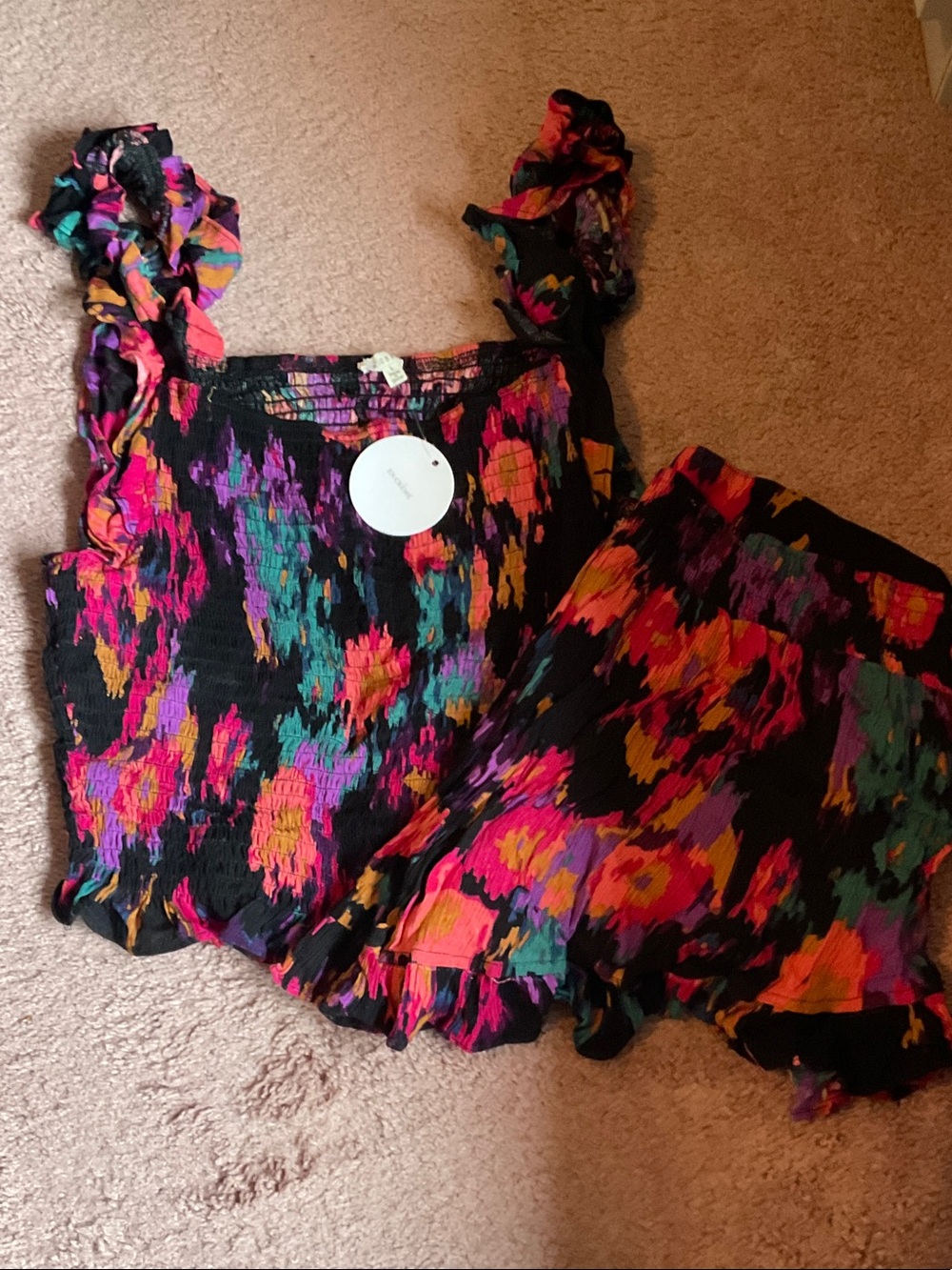 Smocked Ruffle Strap Floral Tank Top and shorts Black and Multicolor